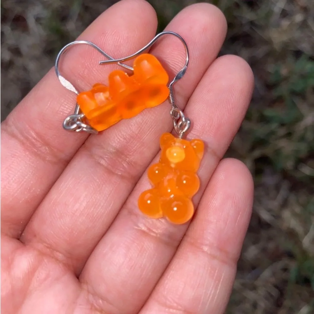 New Handmade Transparent Orange Sterling Silver Resin Gummy Bear Earrings